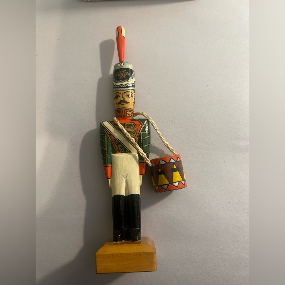 Handmade Hand Painted Paper Mâché 7”Russian Soldier/w Drum on SignedWood Base